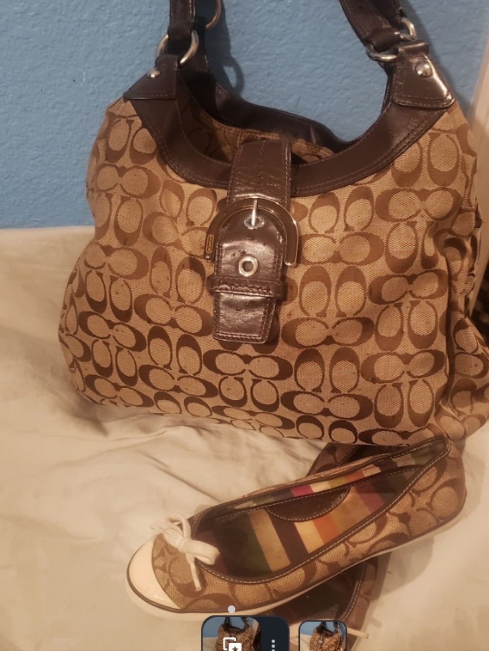 Coach Brown Signature Jacquard Shoulder Bag with Dark Brown Trim Size 7